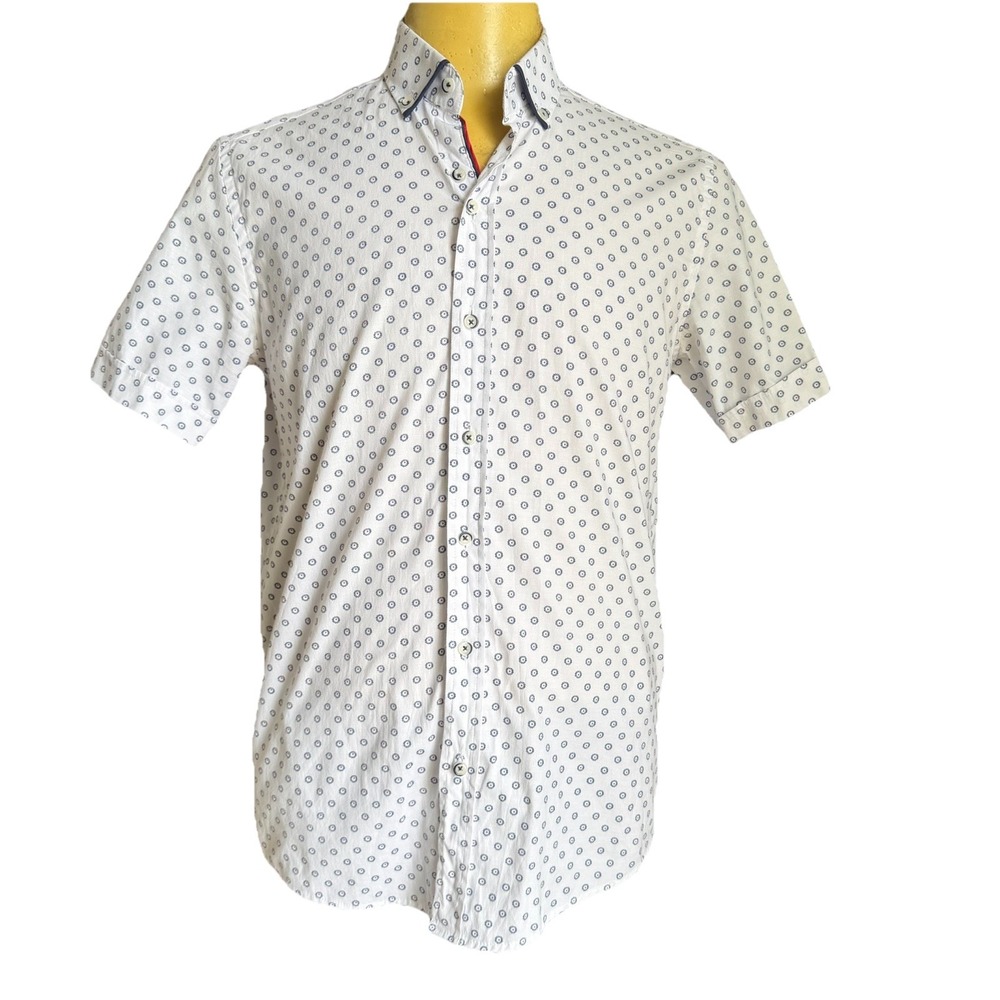 Guide London Geometric Button Up Shirt Sz Small White Blue Preppy Hipster Ditsy